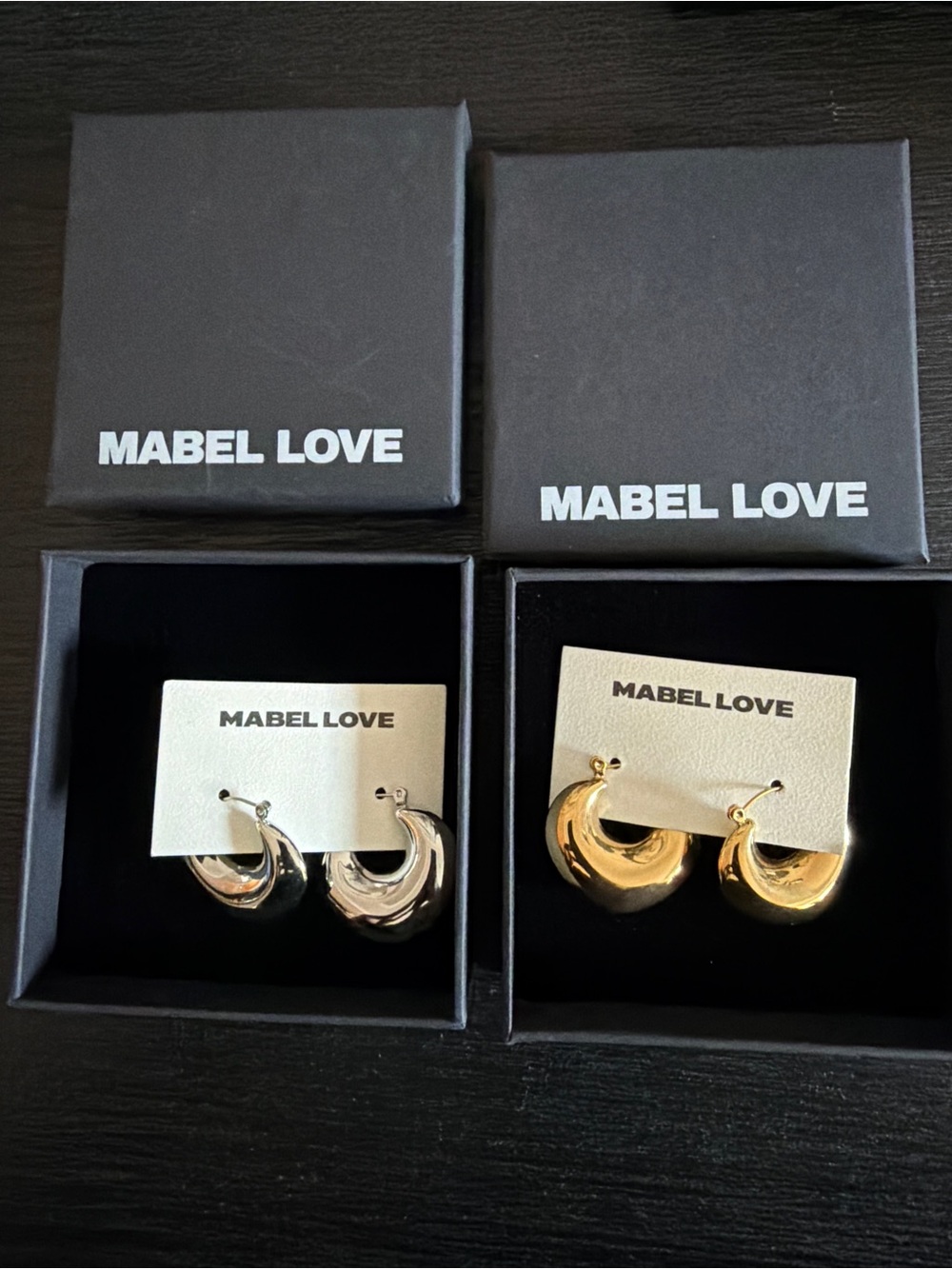 Mabel Love Co Gold and Silver Pair Stainless Steel Hoop earrings New With Box